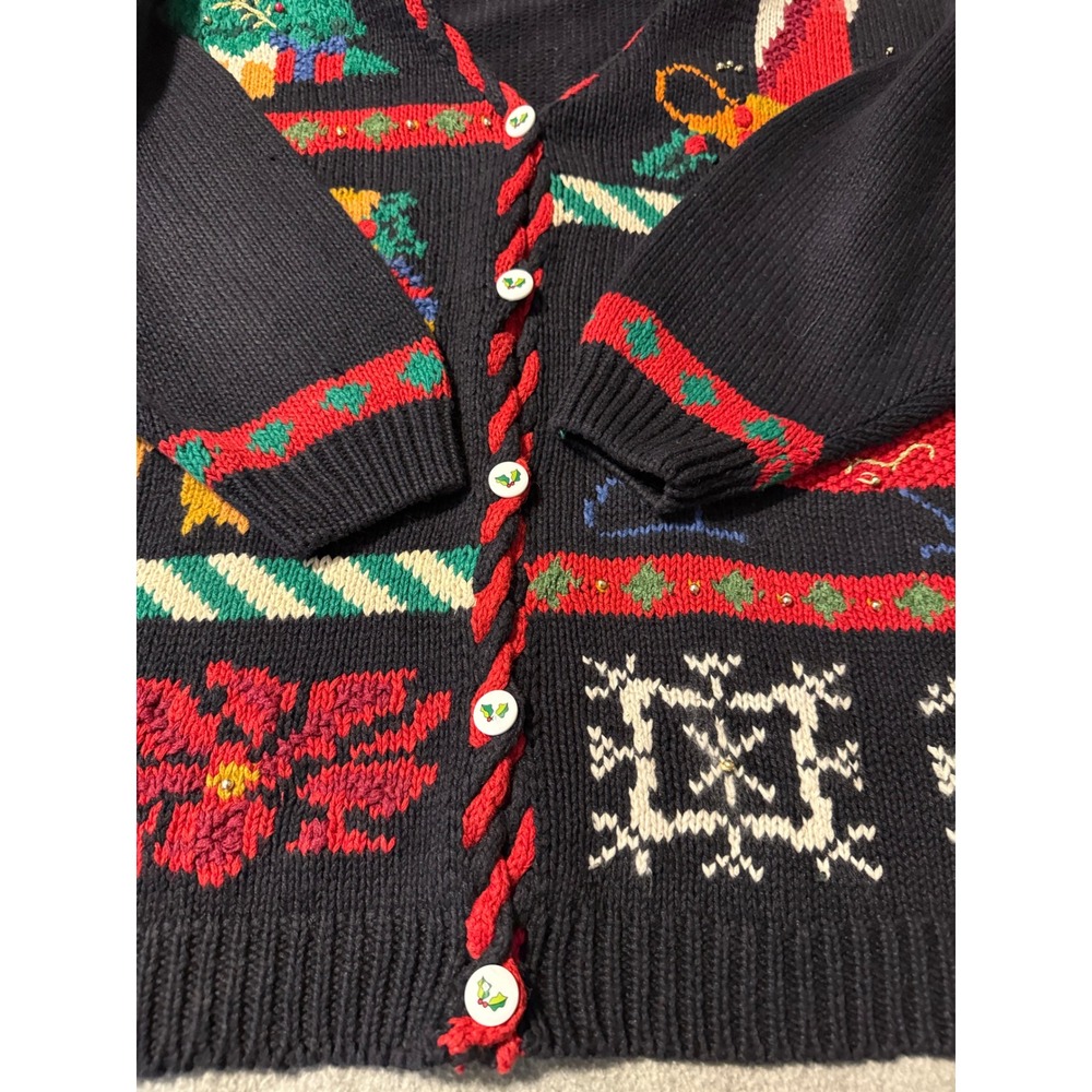 VTG Lauren Rogers Christmas Cardigan Sweater Black Knit Holiday Sleigh Tree 90's - Picture 9 of 11